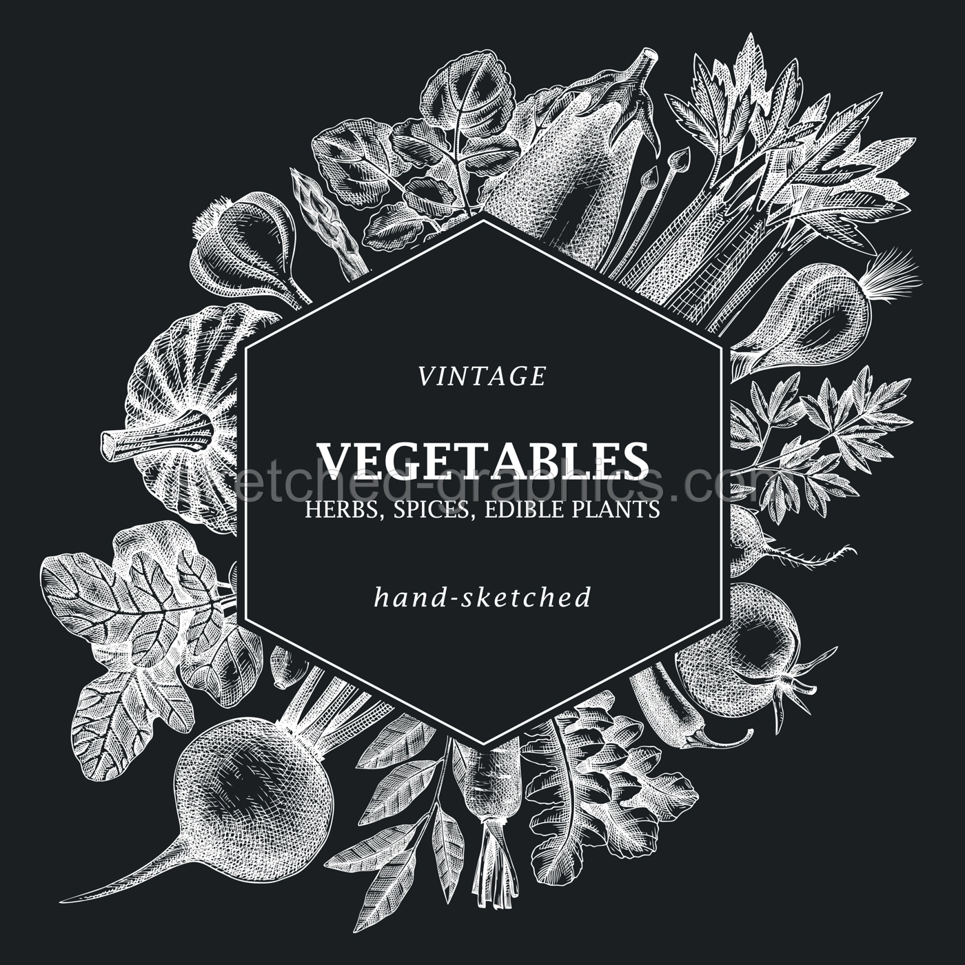 Hand-sketched Vegetable frame design on chalkboard. Hand-drawn tomatoes, squashes, peppers, potatoes, asparagus and other vegetables card. Healthy food template for menu, recipe, restaurant, packaging Illustration